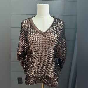 Partique New York Vintage Brown Sequin V-Neck Elastic Waist Top Party New Year’s